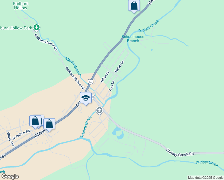 map of restaurants, bars, coffee shops, grocery stores, and more near 115 Lois Lane in Morehead