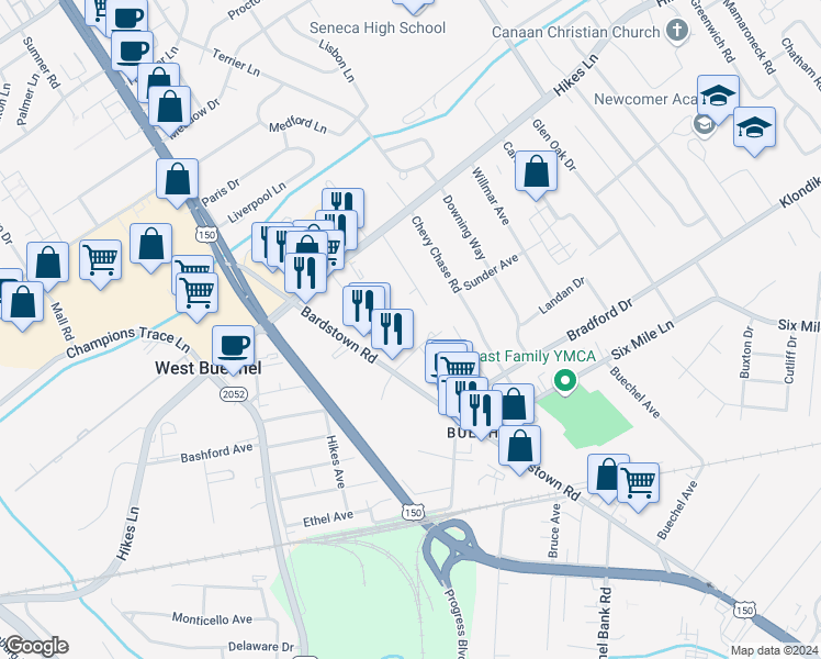 map of restaurants, bars, coffee shops, grocery stores, and more near 2205 Sieger Villa Court in Louisville