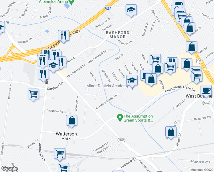 map of restaurants, bars, coffee shops, grocery stores, and more near 3507 Paragon Court in Louisville