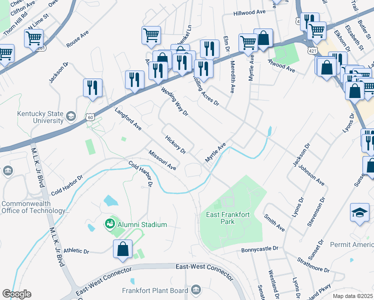 map of restaurants, bars, coffee shops, grocery stores, and more near 102 Jonathon Court in Frankfort
