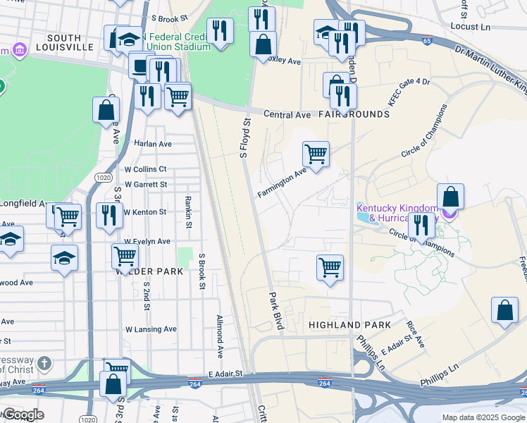 map of restaurants, bars, coffee shops, grocery stores, and more near Lennox Avenue in Louisville