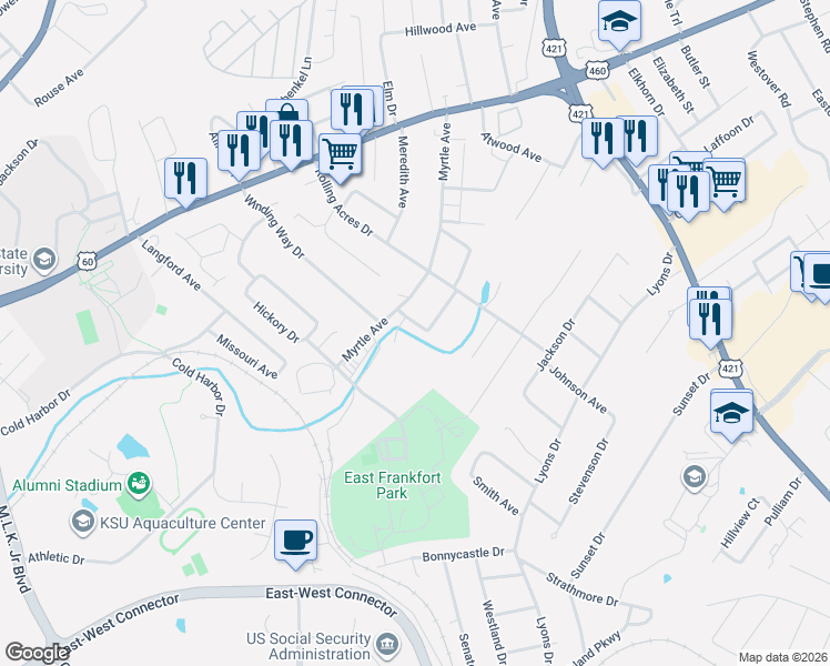 map of restaurants, bars, coffee shops, grocery stores, and more near 239 Rancho Drive in Frankfort