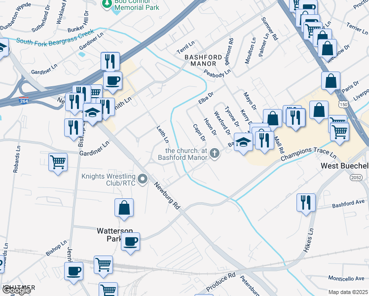 map of restaurants, bars, coffee shops, grocery stores, and more near 3507 Paragon Court in Louisville