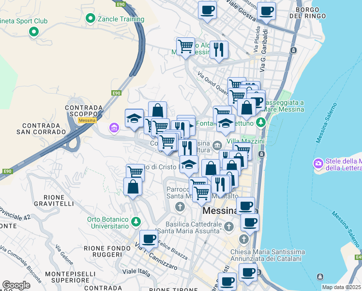 map of restaurants, bars, coffee shops, grocery stores, and more near 24 Viale Boccetta in Messina