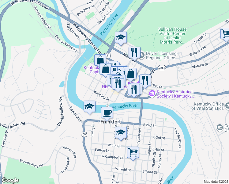 map of restaurants, bars, coffee shops, grocery stores, and more near 313 Saint Clair Street in Frankfort