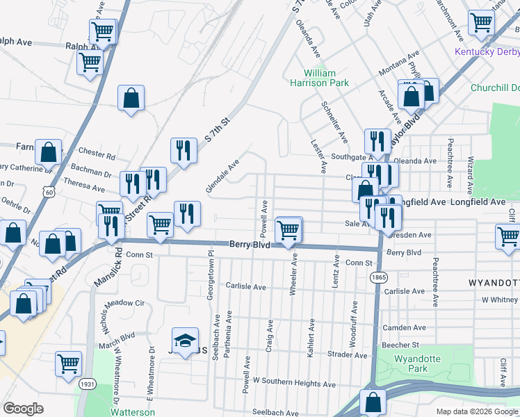 map of restaurants, bars, coffee shops, grocery stores, and more near 1609 Longfield Avenue in Louisville