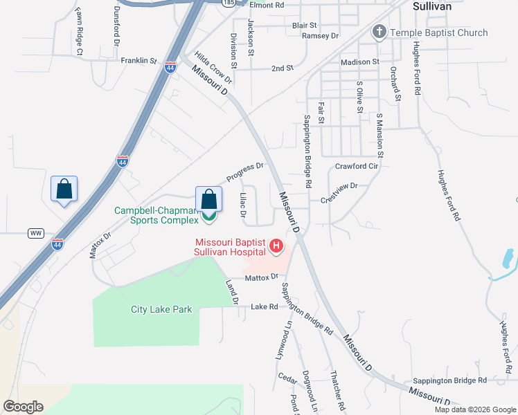 map of restaurants, bars, coffee shops, grocery stores, and more near 569 Bon Oaks Drive in Sullivan