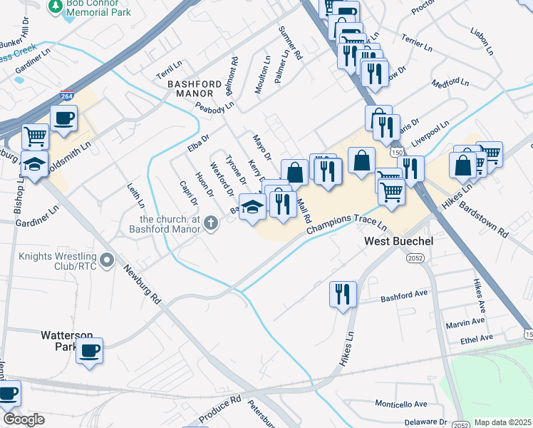 map of restaurants, bars, coffee shops, grocery stores, and more near 3600 Mall Road in Louisville