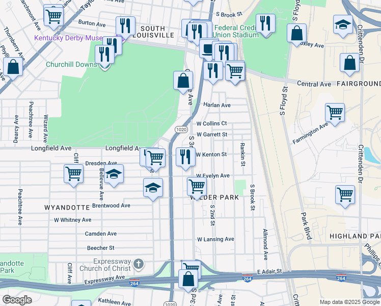 map of restaurants, bars, coffee shops, grocery stores, and more near 3910 South 3rd Street in Louisville