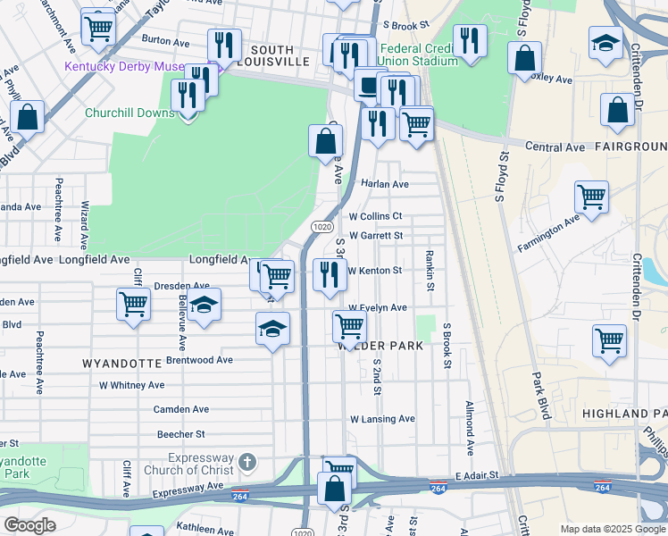 map of restaurants, bars, coffee shops, grocery stores, and more near 3910 South 3rd Street in Louisville