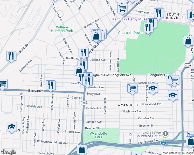 map of restaurants, bars, coffee shops, grocery stores, and more near 1205 Longfield Avenue in Louisville