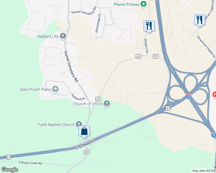map of restaurants, bars, coffee shops, grocery stores, and more near 11735 County Road CC in Festus