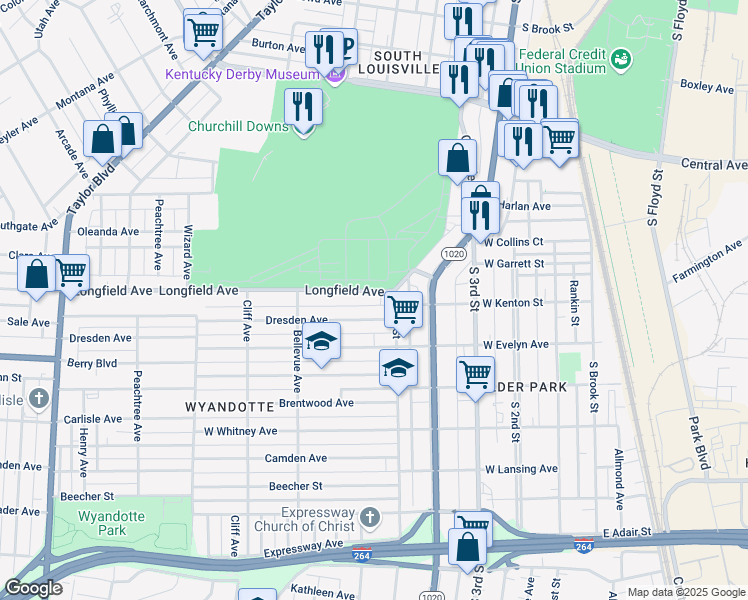 map of restaurants, bars, coffee shops, grocery stores, and more near 536 Longfield Avenue in Louisville