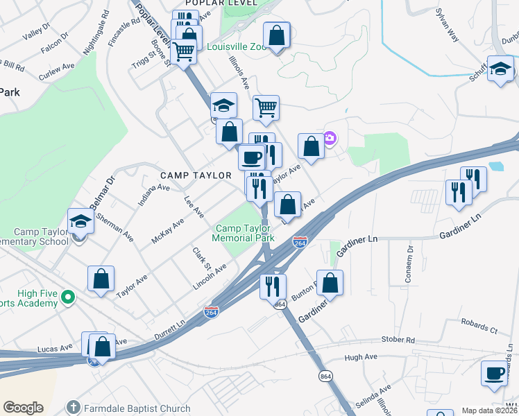 map of restaurants, bars, coffee shops, grocery stores, and more near 4210 Poplar Level Road in Louisville