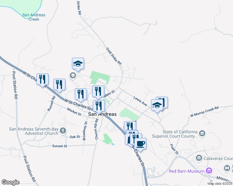 map of restaurants, bars, coffee shops, grocery stores, and more near 255 Lewis Avenue in San Andreas