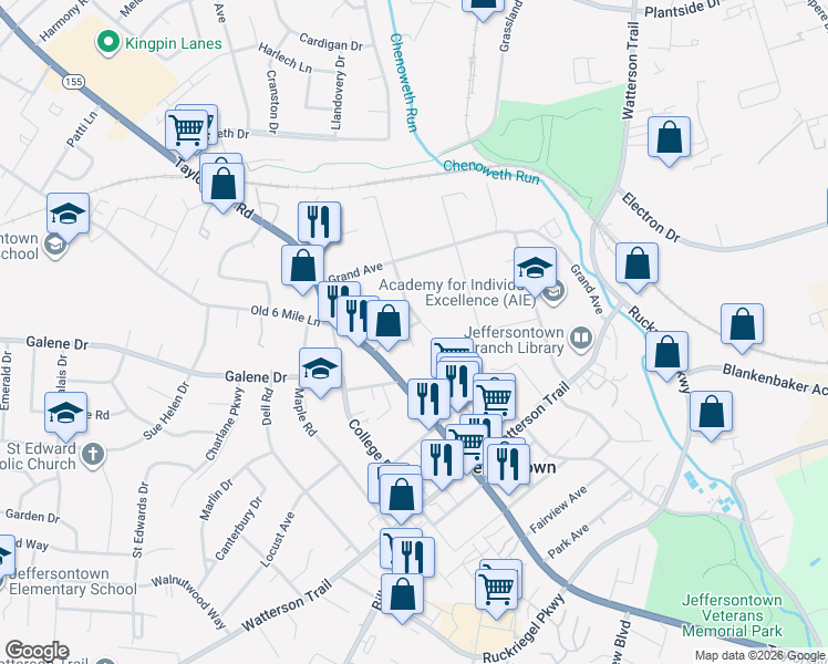 map of restaurants, bars, coffee shops, grocery stores, and more near 3015 Valley Drive in Louisville