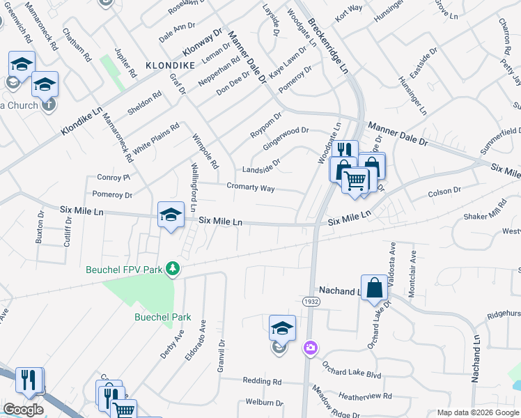 map of restaurants, bars, coffee shops, grocery stores, and more near 3008 Cromarty Way in Louisville