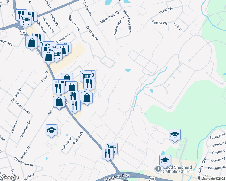 map of restaurants, bars, coffee shops, grocery stores, and more near 257 Fairway Drive in Frankfort