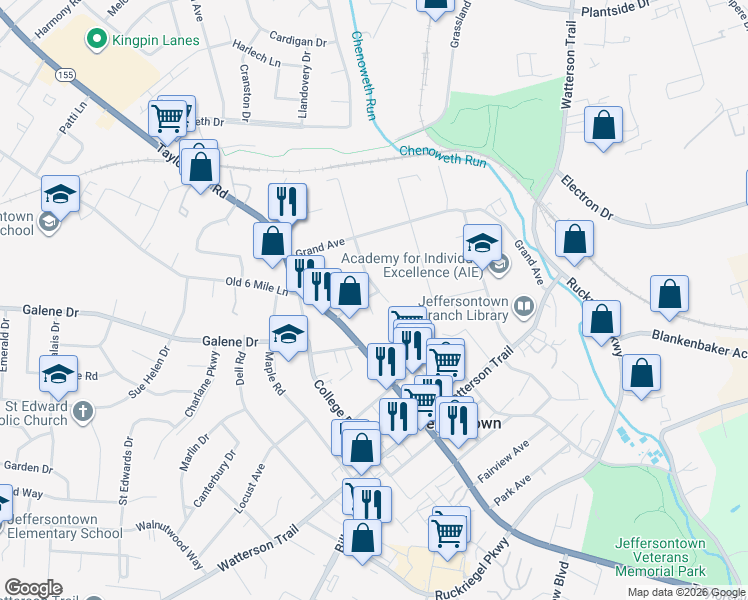map of restaurants, bars, coffee shops, grocery stores, and more near 3015 Valley Drive in Louisville
