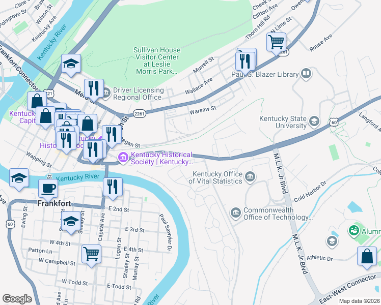 map of restaurants, bars, coffee shops, grocery stores, and more near 216 East Main Street in Frankfort