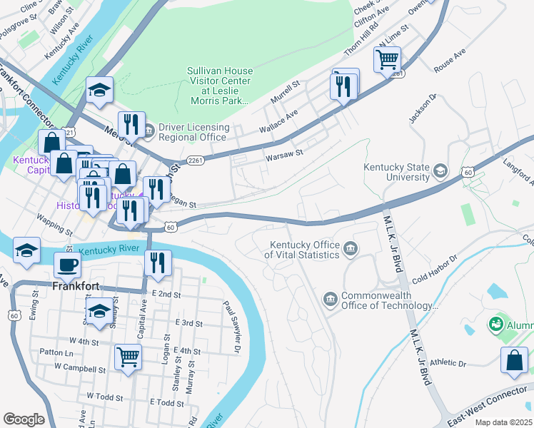 map of restaurants, bars, coffee shops, grocery stores, and more near 216 East Main Street in Frankfort