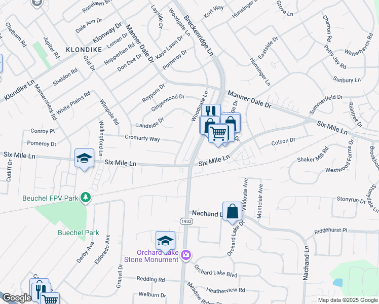 map of restaurants, bars, coffee shops, grocery stores, and more near 3424 Breckenridge Lane in Louisville