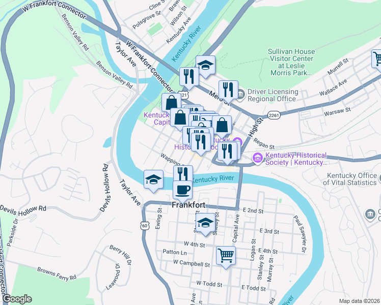 map of restaurants, bars, coffee shops, grocery stores, and more near 329 West Main Street in Frankfort