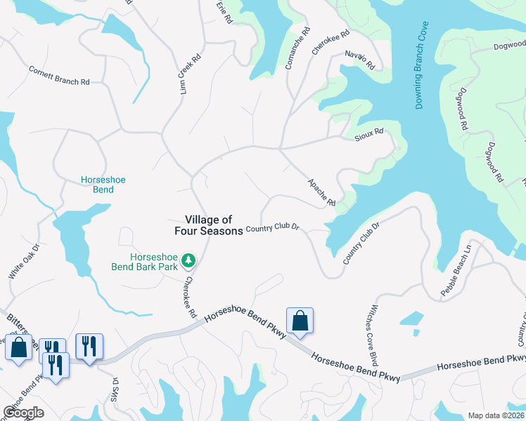 map of restaurants, bars, coffee shops, grocery stores, and more near Cheyenne Drive in Village of Four Seasons