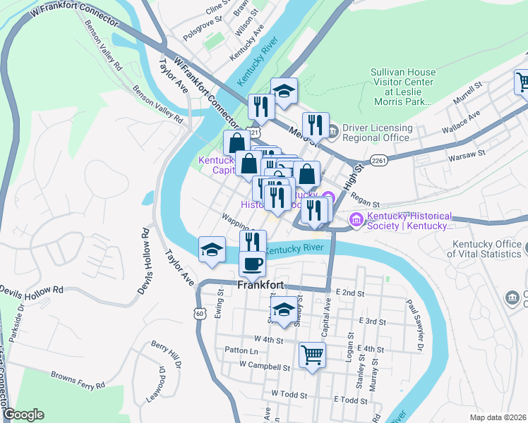 map of restaurants, bars, coffee shops, grocery stores, and more near 329 West Main Street in Frankfort