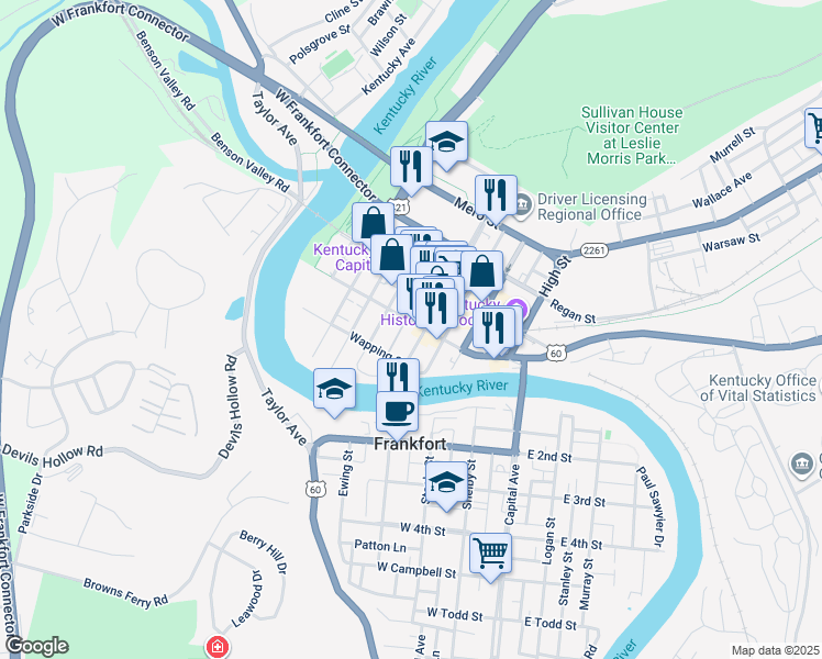 map of restaurants, bars, coffee shops, grocery stores, and more near 311 West Main Street in Frankfort