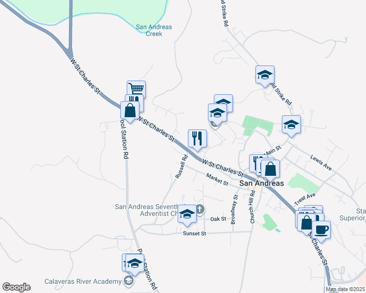map of restaurants, bars, coffee shops, grocery stores, and more near 342 West Saint Charles Street in San Andreas