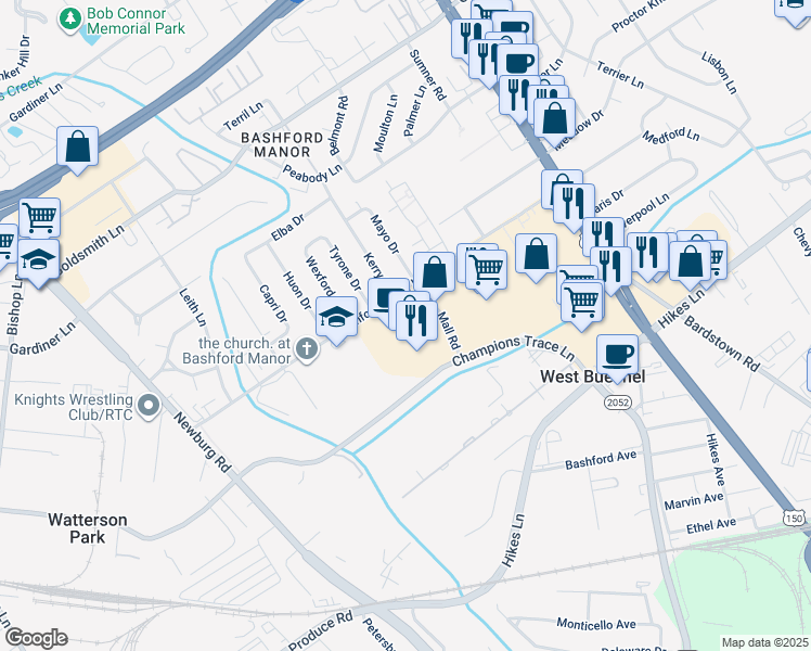 map of restaurants, bars, coffee shops, grocery stores, and more near 3600 Mall Road in Louisville