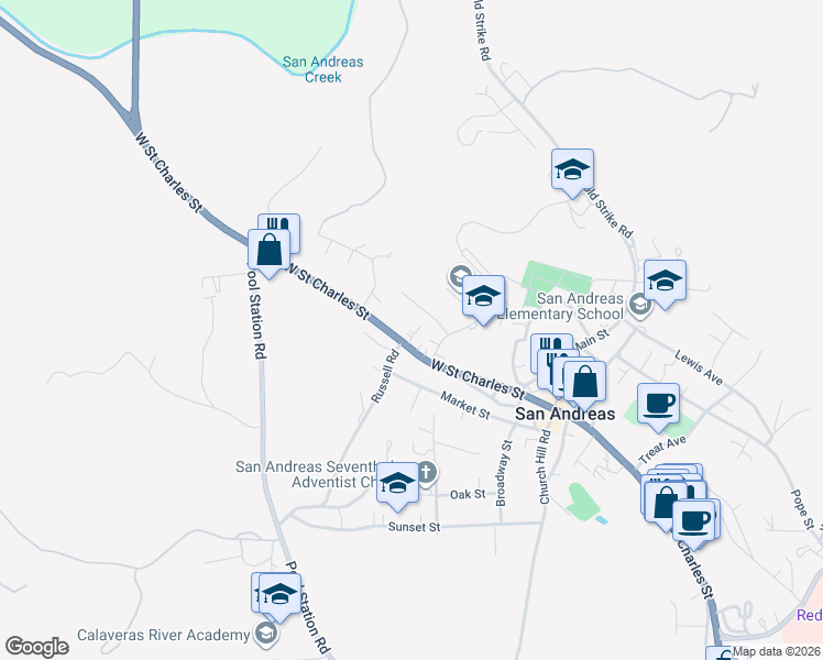map of restaurants, bars, coffee shops, grocery stores, and more near 306 West Saint Charles Street in San Andreas