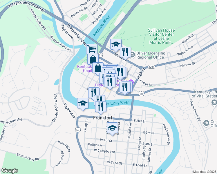 map of restaurants, bars, coffee shops, grocery stores, and more near 250 West Main Street in Frankfort