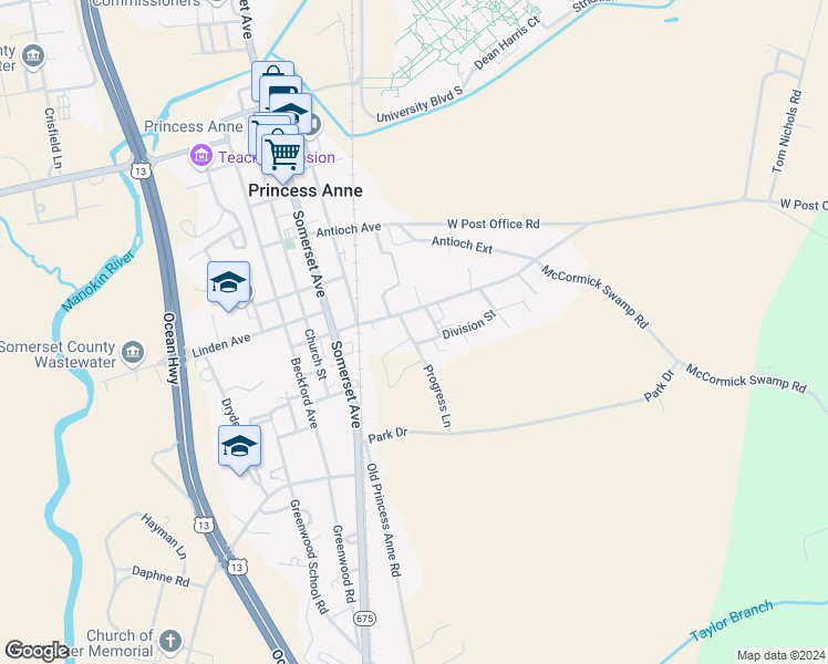 map of restaurants, bars, coffee shops, grocery stores, and more near 30663 Hampden Avenue in Princess Anne