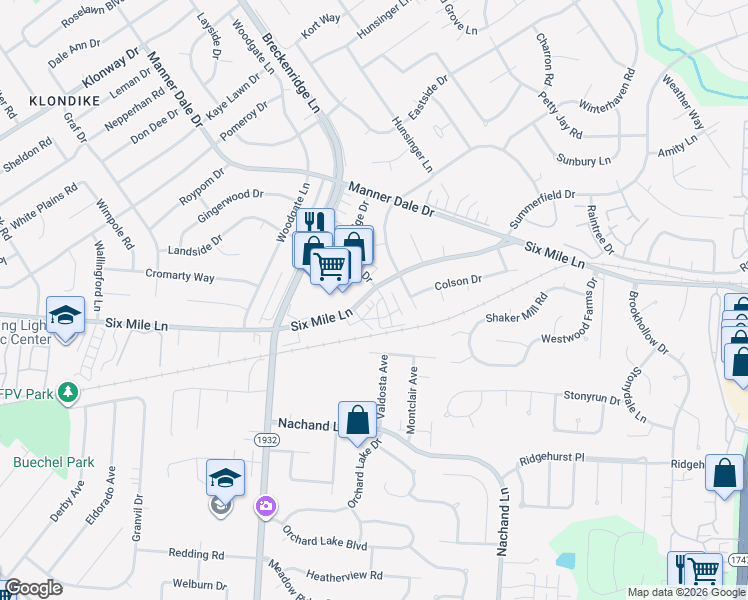 map of restaurants, bars, coffee shops, grocery stores, and more near 3417a Breckenridge Lane in Louisville