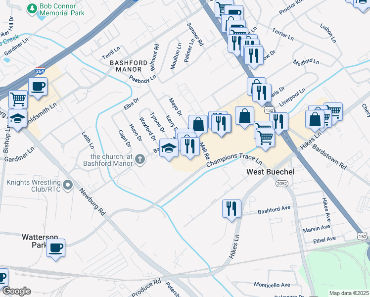 map of restaurants, bars, coffee shops, grocery stores, and more near in West Buechel