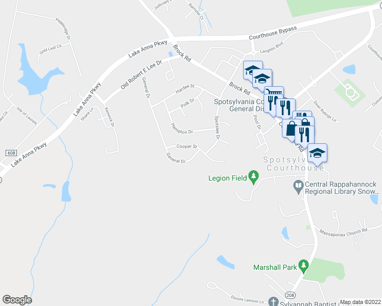map of restaurants, bars, coffee shops, grocery stores, and more near 507 General Drive in Spotsylvania