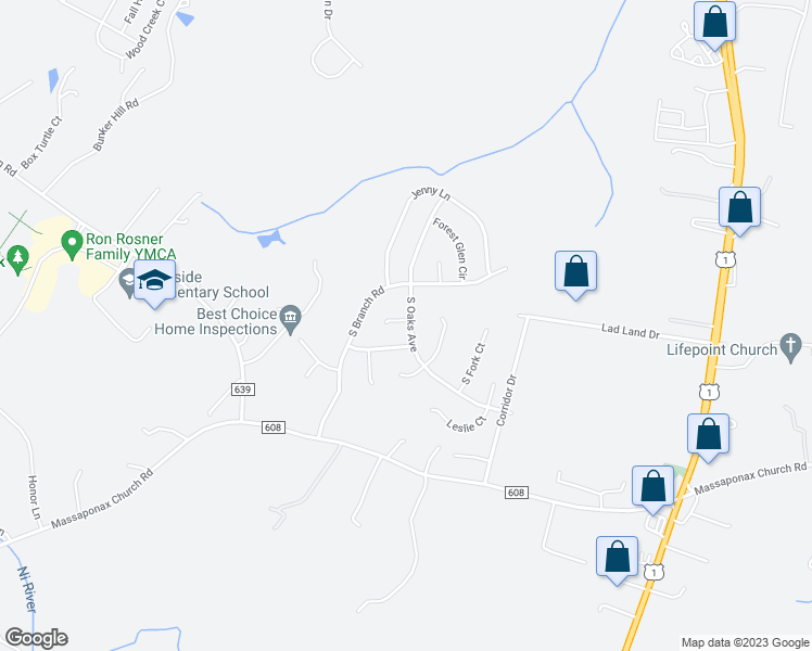 map of restaurants, bars, coffee shops, grocery stores, and more near 8507 South Oaks Court in Fredericksburg