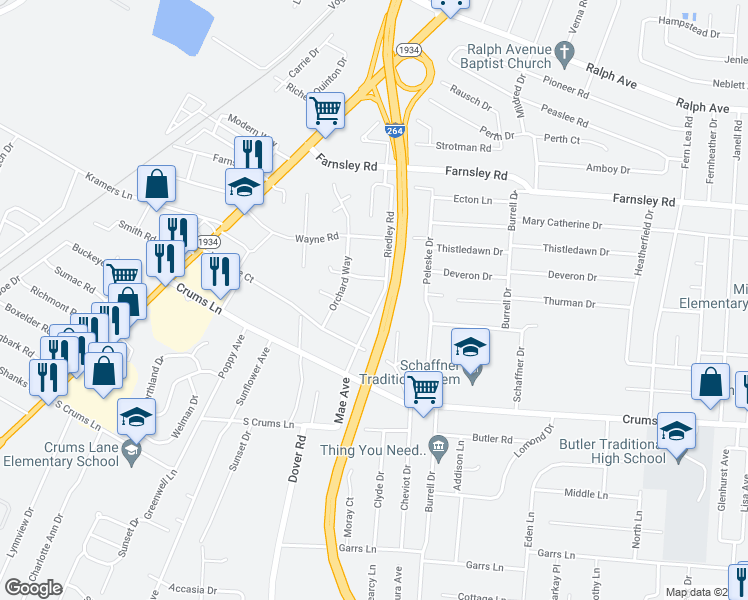 map of restaurants, bars, coffee shops, grocery stores, and more near 4140 Mae Avenue in Louisville