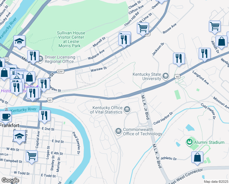 map of restaurants, bars, coffee shops, grocery stores, and more near 7 Ashmore Drive in Frankfort