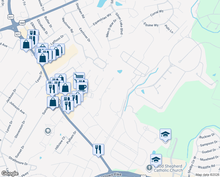 map of restaurants, bars, coffee shops, grocery stores, and more near 257 Fairway Drive in Frankfort