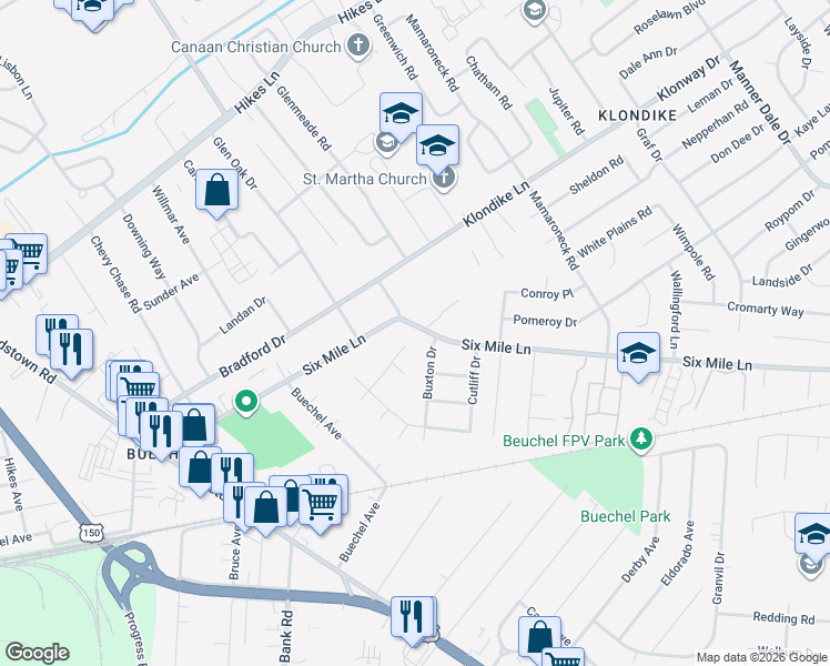 map of restaurants, bars, coffee shops, grocery stores, and more near 6203 6 Mile Lane in Louisville