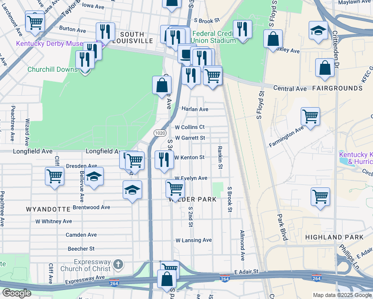 map of restaurants, bars, coffee shops, grocery stores, and more near 3930 South 2nd Street in Louisville