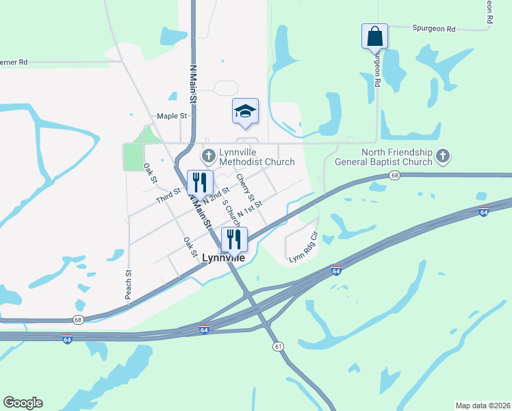 map of restaurants, bars, coffee shops, grocery stores, and more near 300 East 1st Street in Lynnville