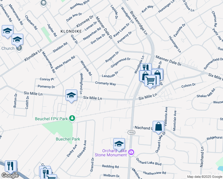 map of restaurants, bars, coffee shops, grocery stores, and more near 3013 Arjay Lane in Louisville