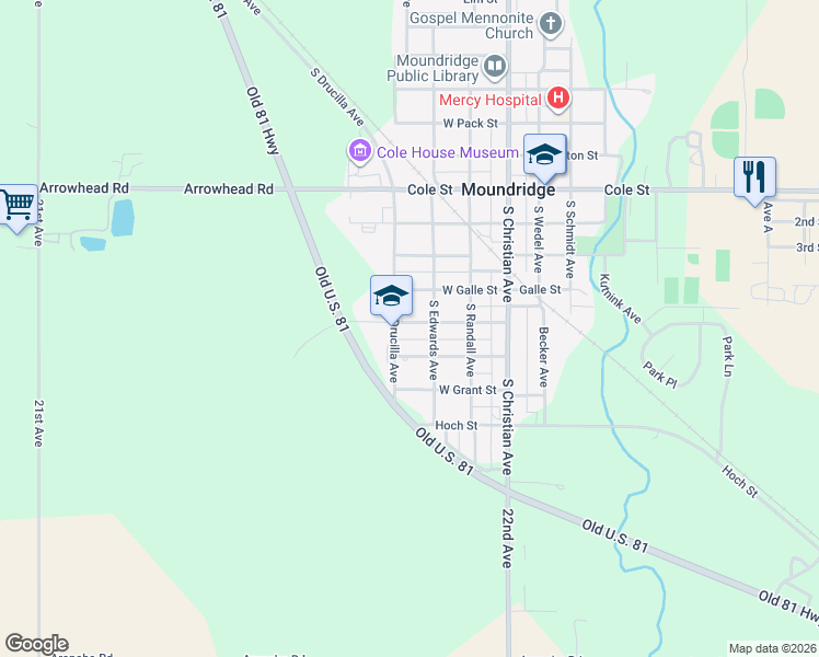map of restaurants, bars, coffee shops, grocery stores, and more near 316 West Ruth Street in Moundridge