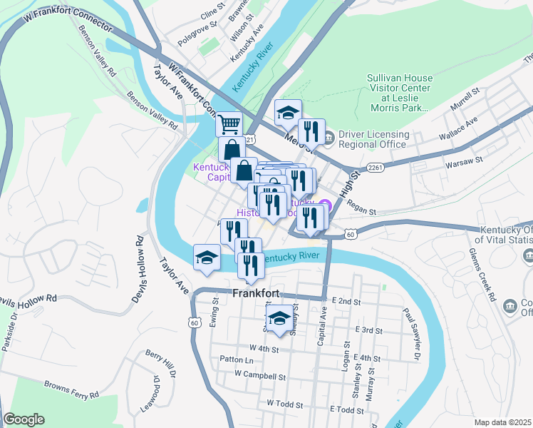 map of restaurants, bars, coffee shops, grocery stores, and more near 313 Saint Clair Street in Frankfort
