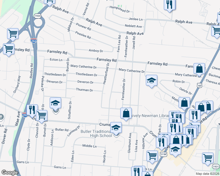 map of restaurants, bars, coffee shops, grocery stores, and more near 3426 Fern Lea Road in Louisville