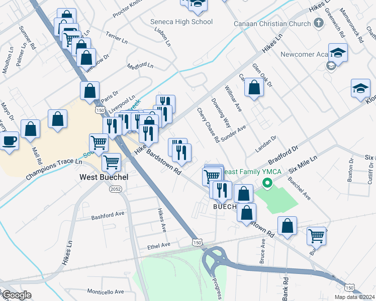 map of restaurants, bars, coffee shops, grocery stores, and more near 3718 Youngwood Road in Louisville